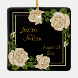 Elegant Chic Corner Ivory Roses Bouquets Wedding Ceramic Ornament