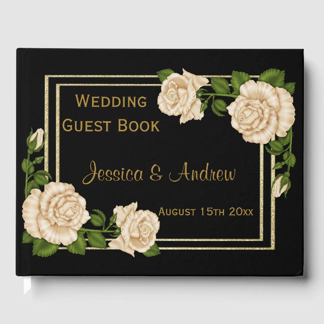 Elegant Chic Corner Ivory Roses Bouquets Wedding Guest Book (Front)