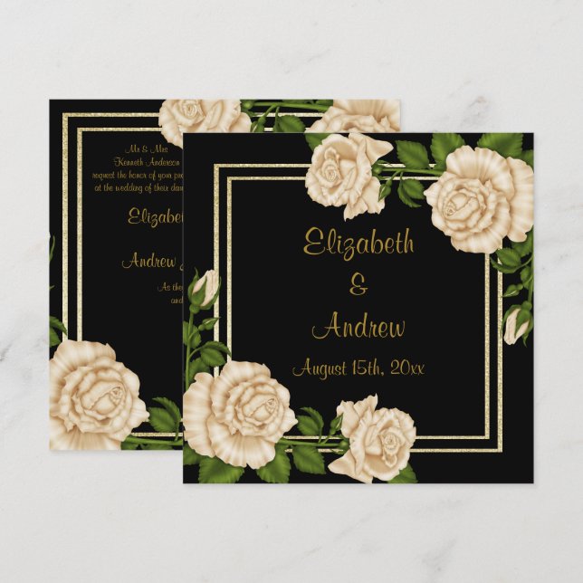 Elegant Chic Corner Ivory Roses Bouquets Wedding Invitation (Front/Back)