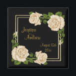 Elegant Chic Corner Ivory Roses Bouquets Wedding Magnet<br><div class="desc">Beautiful design for newly weds. Elegant, glamourous and sophisticated custom personalised wedding magnet with a pretty romantic corner bouquet display of ivory roses and greenery, with a pretty shiny gold glittery double frame all printed on a black background. These are beautifully designed magnets for weddings with cute, stylish, girly flowers...</div>