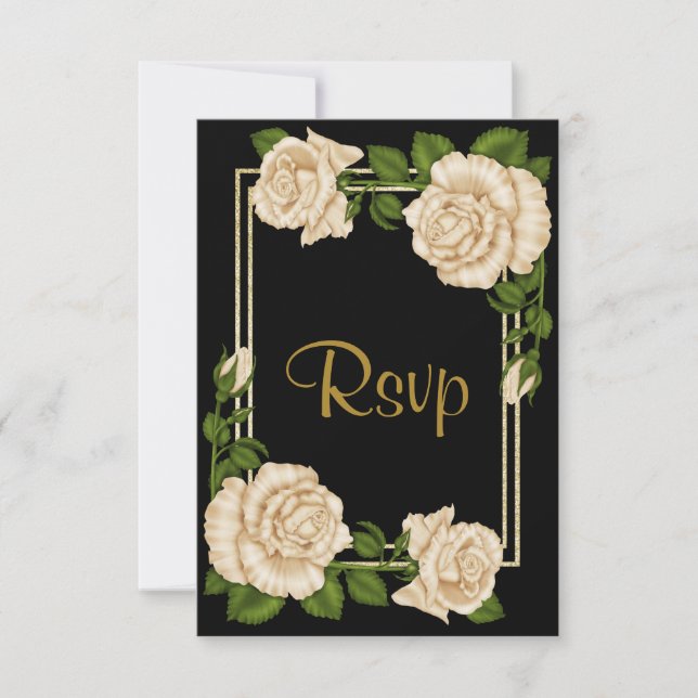 Elegant Chic Corner Ivory Roses Wedding RSVP Card (Front)