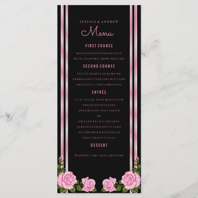 Elegant Chic Corner Rose Bouquet Wedding Menu (Front)