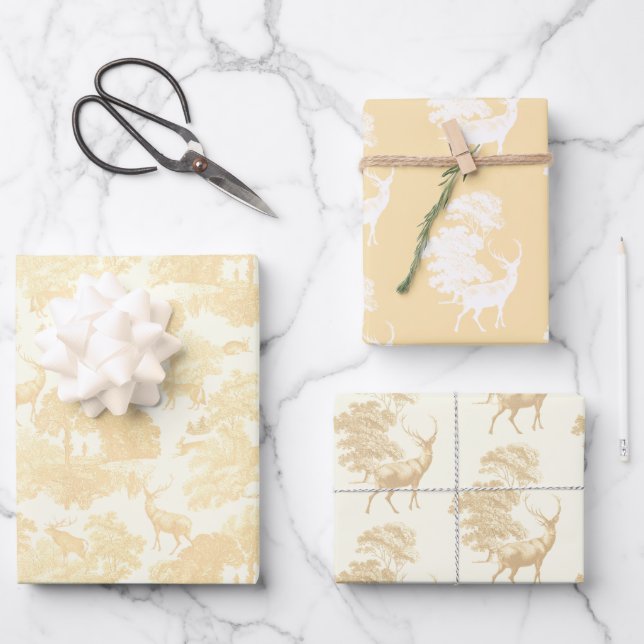 Elegant Chic Cream Beige Toile Deer Woodland Wrapping Paper Sheet (Front)