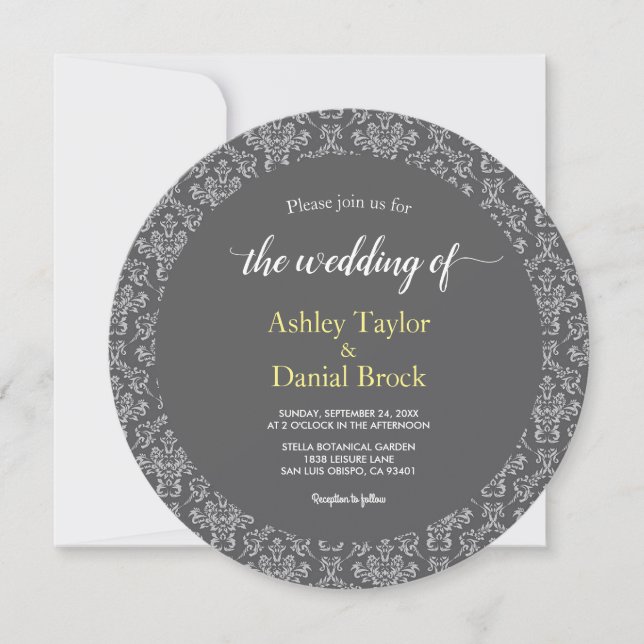 Elegant Chic Damask Art Deco Grey Formal Wedding Invitation (Front)
