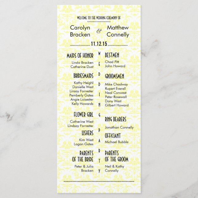 Elegant Chic Damask Wedding Program Rack Card (Front)