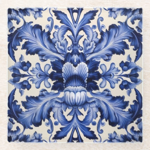 Elegant Chic Delftware Blue Flower Glass Coaster