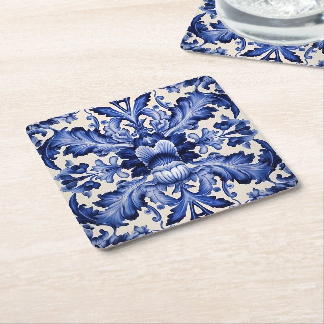Elegant Chic Delftware Blue Flower  Square Paper Coaster (Angled)