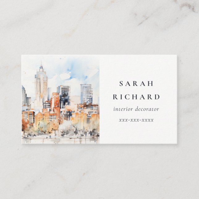 Elegant Chic Denver Colorado Skyline Watercolor Business Card (Front)