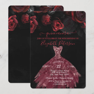 Elegant Chic Dress Red Roses Quinceañera Invitation