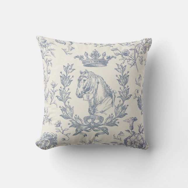 Elegant Chic Dusty Blue Equestrian Floral Toile Cushion (Front)
