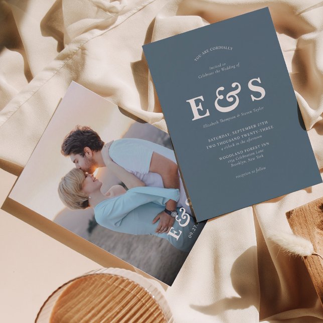 Elegant Chic Dusty Blue Monogram Photo Wedding Invitation (Creator Uploaded)