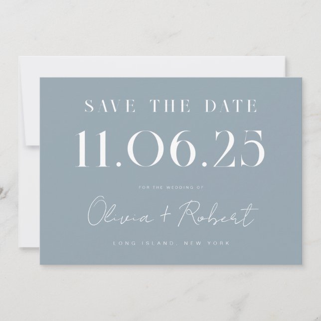 Elegant Chic Dusty Blue Wedding Date Save The Date (Front)