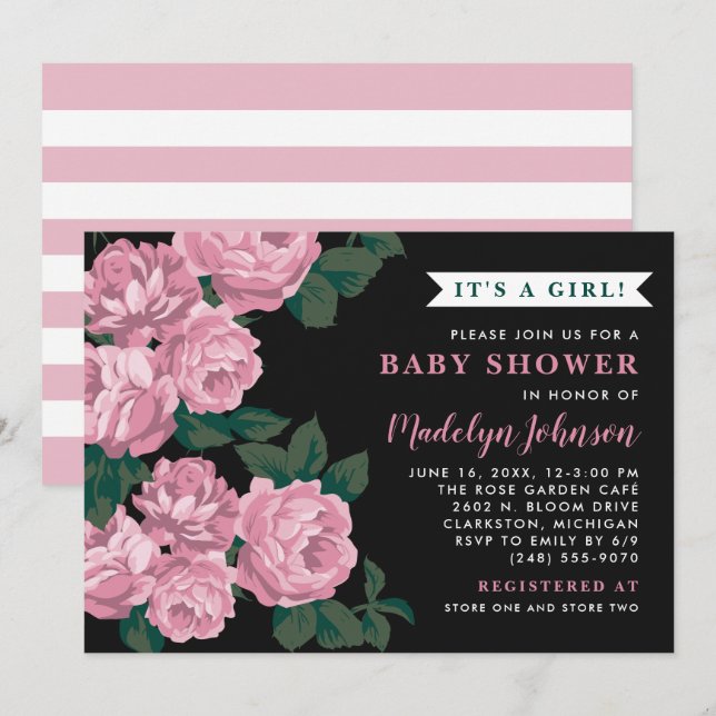 Elegant Chic Dusty Rose Floral Girl Baby Shower Invitation (Front/Back)