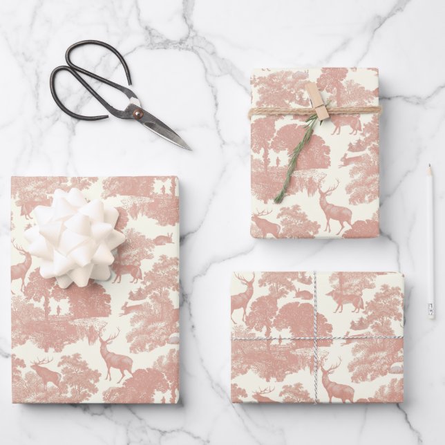 Elegant Chic Dusty Rose Toile Deer Woodland Wrapping Paper Sheet (Front)