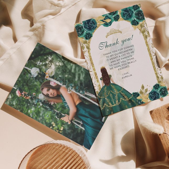 Elegant Chic Emerald Floral Photo Quinceañera Thank You Card (Creator Uploaded)