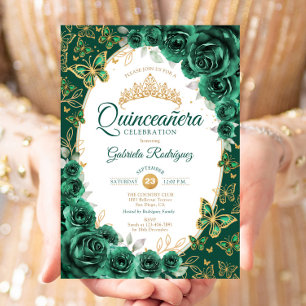 Elegant Chic Emerald Green Gold Floral Quinceanera Invitation