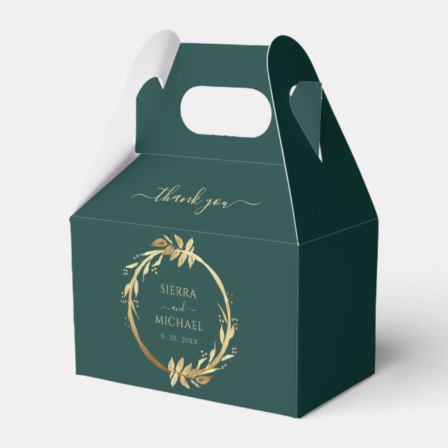 Elegant Chic Emerald Green Golden Foliage Wedding Favour Box (Front Side)