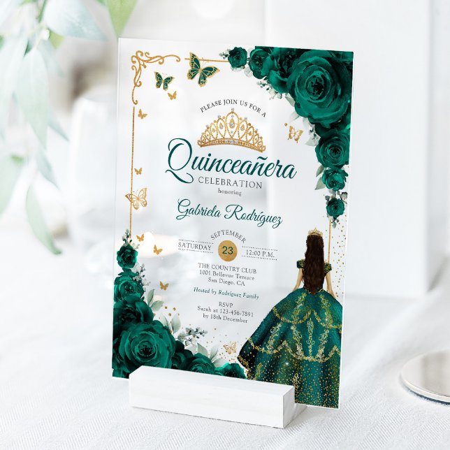 Elegant Chic Emerald Green Roses Gold Quinceanera  Acrylic Invitations (Creator Uploaded)