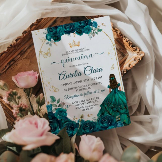 Elegant Chic Emerald Green Roses Gold Quinceanera Invitation (Creator Uploaded)
