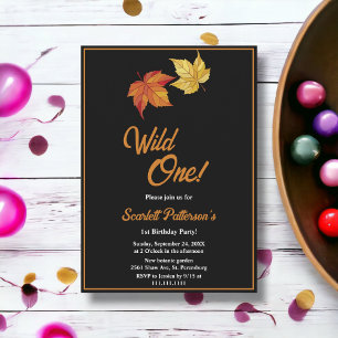 Elegant Chic Fall Leaves Black White 1st Birthday Invitation