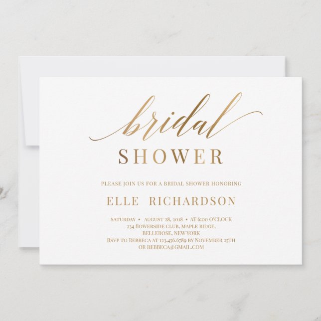 Elegant chic faux gold callygraphy bridal shower invitation (Front)