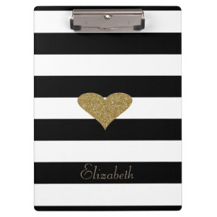 Elegant Chic  Faux Gold Glittery  Heart On Stripes Clipboard