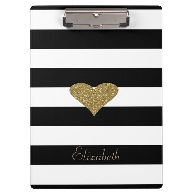 Elegant Chic  Faux Gold Glittery  Heart On Stripes Clipboard (Front)