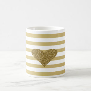 Elegant Chic Faux Gold Glittery Heart On Stripes Coffee Mug