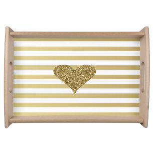 Elegant Chic  Faux Gold Glittery  Heart On Stripes Serving Tray