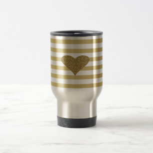 Elegant Chic  Faux Gold Glittery  Heart On Stripes Travel Mug