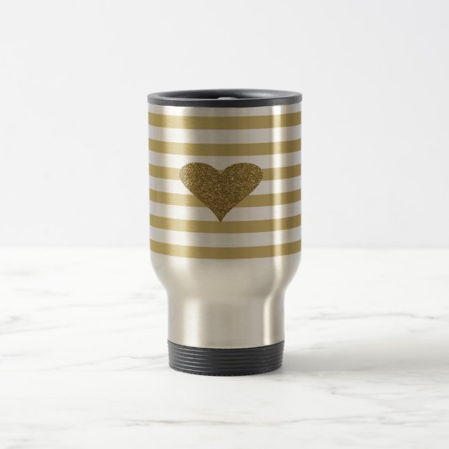Elegant Chic  Faux Gold Glittery  Heart On Stripes Travel Mug (Center)