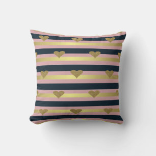 Elegant Chic Faux Gold Glittery Hearts On Stripes Cushion