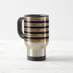 Elegant Chic  Faux Gold Glittery Hearts On Stripes Travel Mug