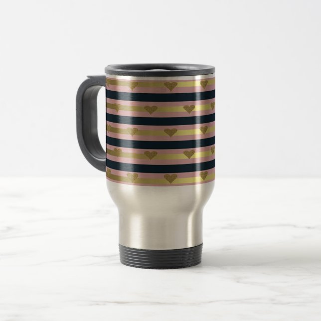Elegant Chic  Faux Gold Glittery Hearts On Stripes Travel Mug (Front Left)