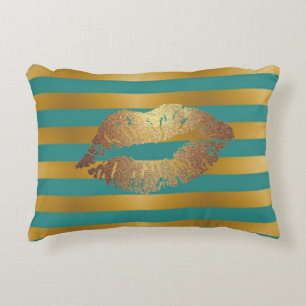 Elegant Chic  Faux Gold Glittery  Lips  On Stripes Decorative Cushion