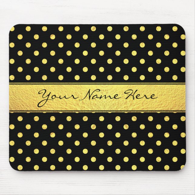Elegant Chic Faux Gold Polka Dots on Black Mouse Mat (Front)