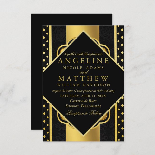Elegant chic faux gold white modern Gatsby Wedding Invitation (Front/Back)
