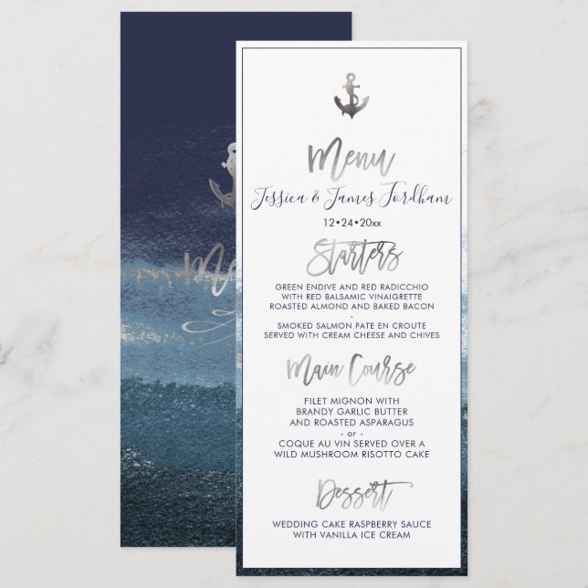 Elegant+Chic Faux Silver Anchor Menu Invitation (Front/Back)