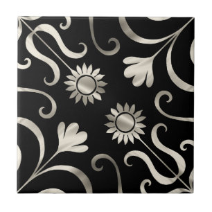  Elegant Chic Floral Damask Black Silver Sunflower Tile