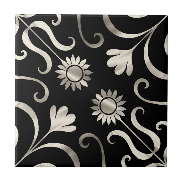 Elegant Chic Floral Damask Black Silver Sunflower Tile (Front)