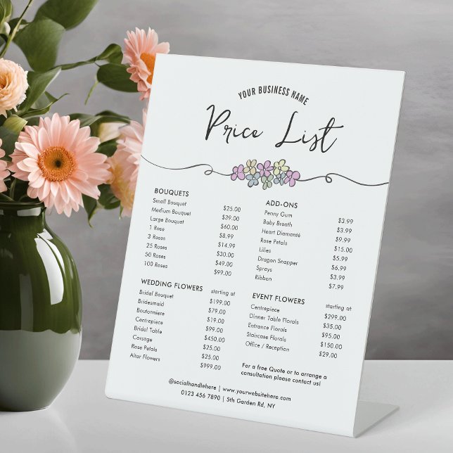 Elegant Chic Floral Design Price List Menu Pedestal Sign (Modern hand drawn floral business price list table top sign)