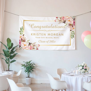 Elegant Chic Floral Gold Frame Graduation Party Banner
