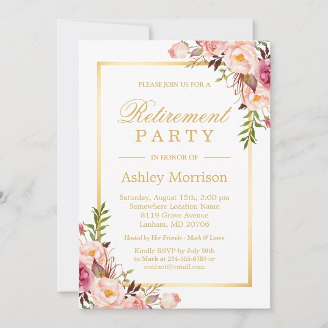 Elegant Chic Floral Gold Frame | Retirement Party Invitation (Front)