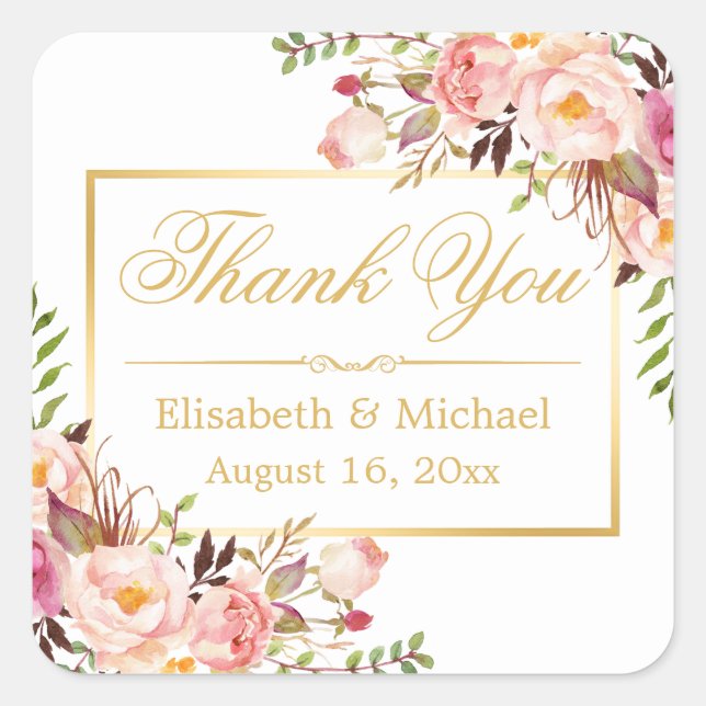 Elegant Chic Floral Gold Frame Thank You Square Sticker (Front)
