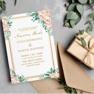 Elegant Chic Floral Gold frame White Nuestra Boda Invitation
