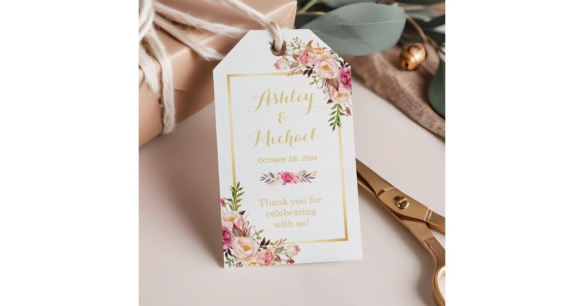 Elegant Chic Floral Gold Wedding Thank You Gift Tags | Zazzle