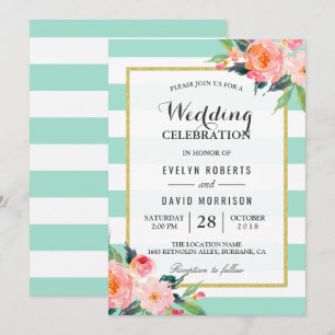 Elegant Chic Floral Mint Green Wedding Celebration Invitation