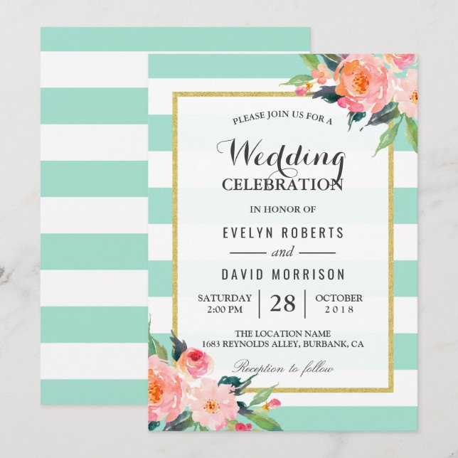Elegant Chic Floral Mint Green Wedding Celebration Invitation (Front/Back)