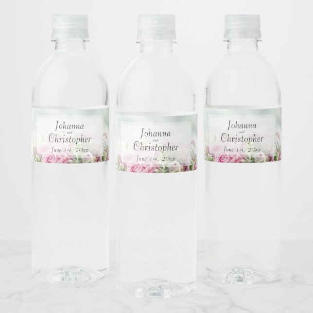Elegant Chic Floral Pink Roses Peony Buds Wedding Water Bottle Label (Bottles)