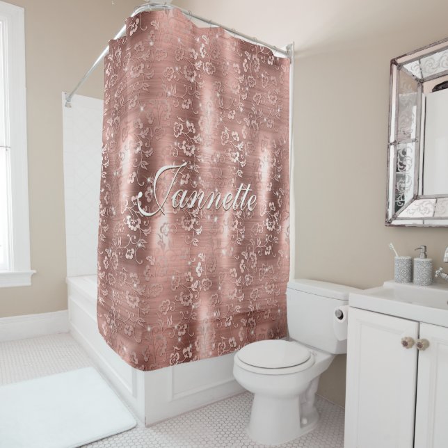 Elegant Chic Floral Rose Gold Faux Glitter Shower Curtain (In Situ)